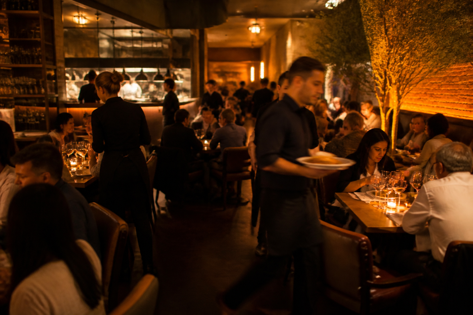 Piso de un restaurante lleno durante el servicio nocturno
